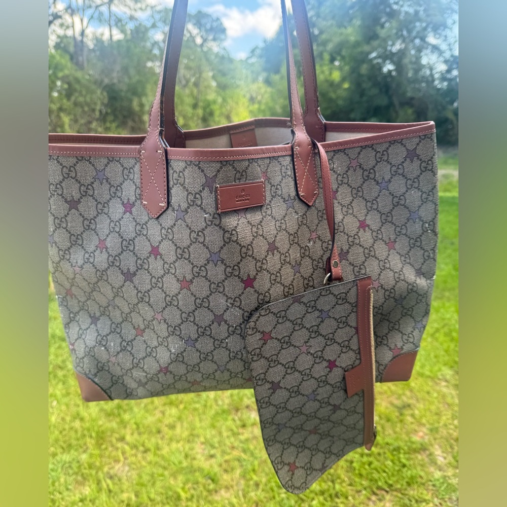 Gucci Women's Tote Bag GG Star Pattern Detachable Pouch Beige Brown Pink Purple